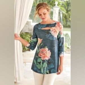 NEW Soft Surroundings Women's Evening Primrose Knit Floral Tunic Top Large 2BN33